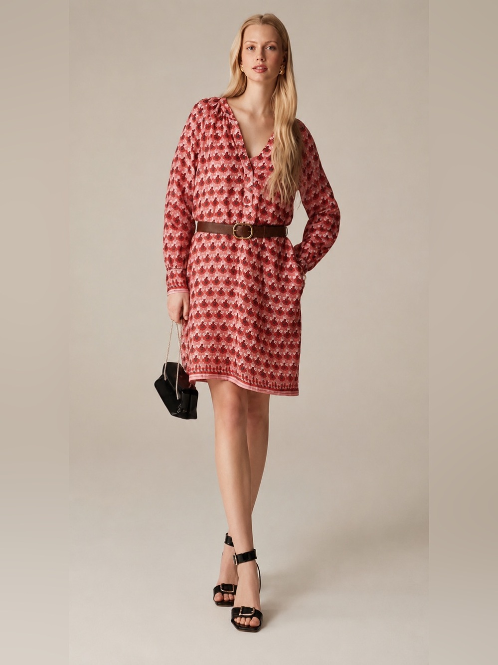 J. Crew Red Floral Long-Sleeve V-Neck Dress